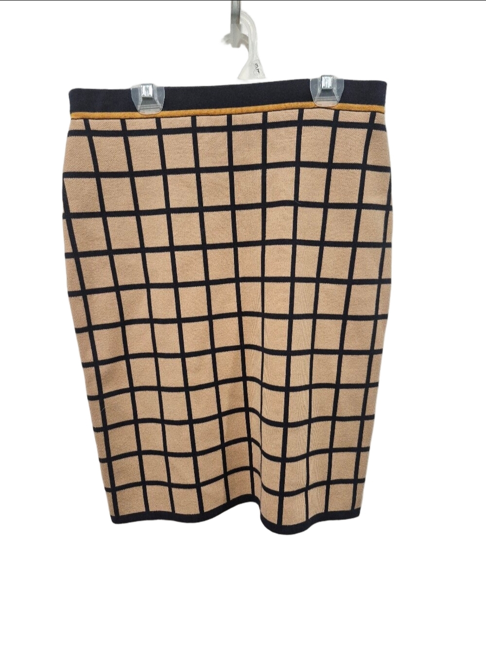 Karl Lagerfeld Paris Knit Pencil Skirt Grid Plaid Tan Navy Small
